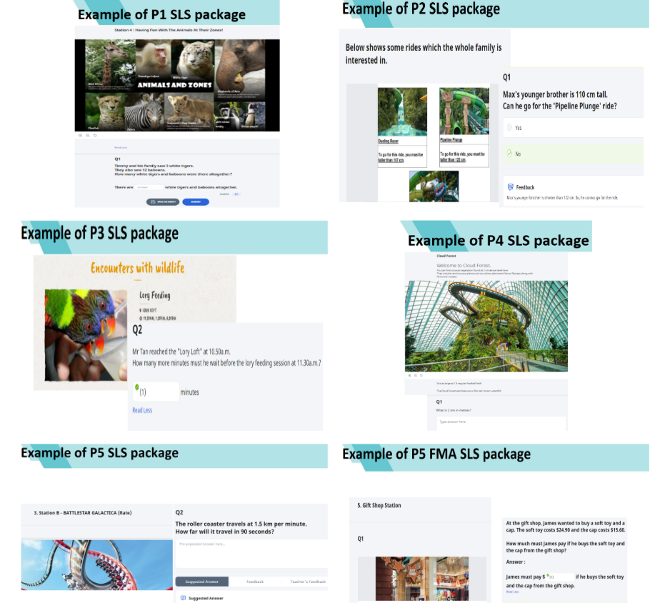 A montage of 6 pictures showing examples on school designed online packages for Math by level